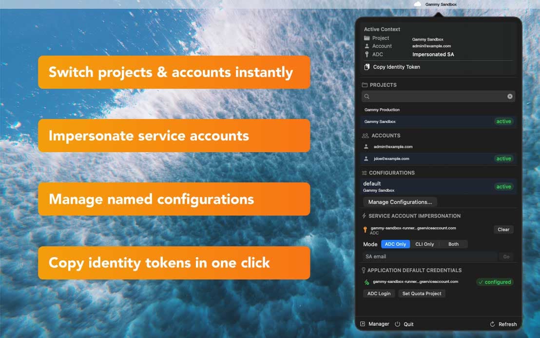Gammy menubar popover showing active project, account, configuration, and quick-switch controls