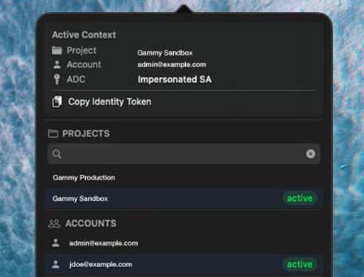 Gammy popover open from menubar showing full context switcher
